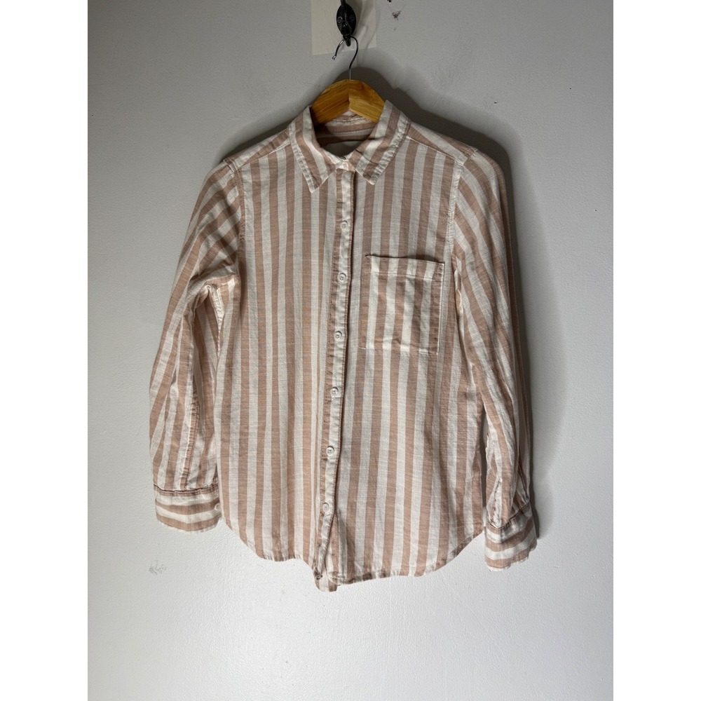 Lola River Womens XS Tan White Striped Cotton Button Down Shirt Long Sleeve